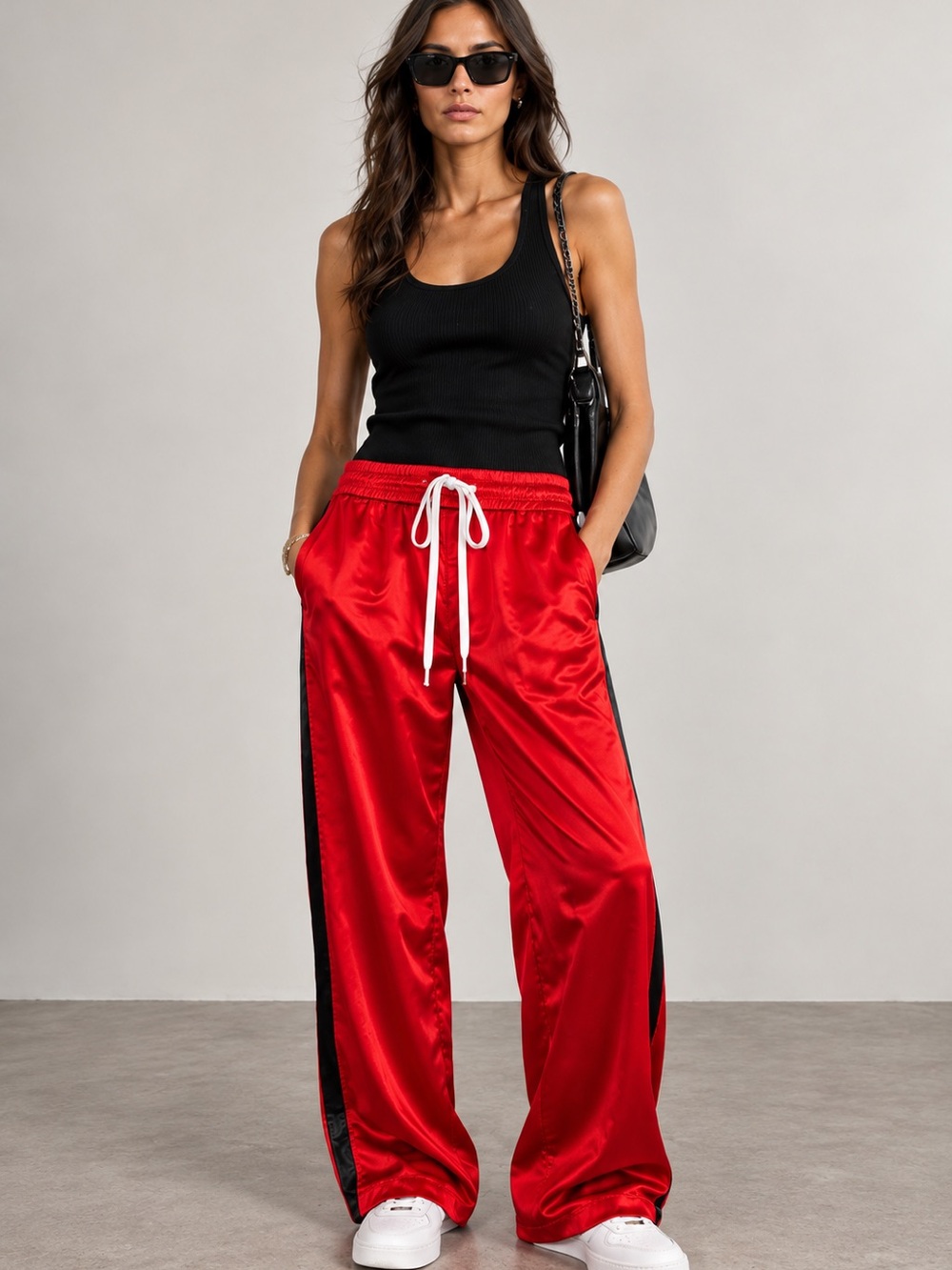 AMIRI Red Silk Wide-Leg Track Pants w/Black Leather Side Panels S/S 2018